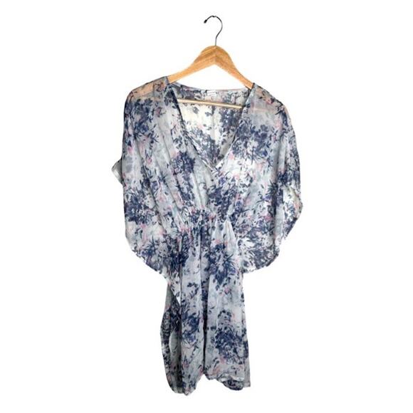 Floral Cover Up One Size Sheer White Blue Purple Knee Length V Neck Lightweight - Picture 7 of 7